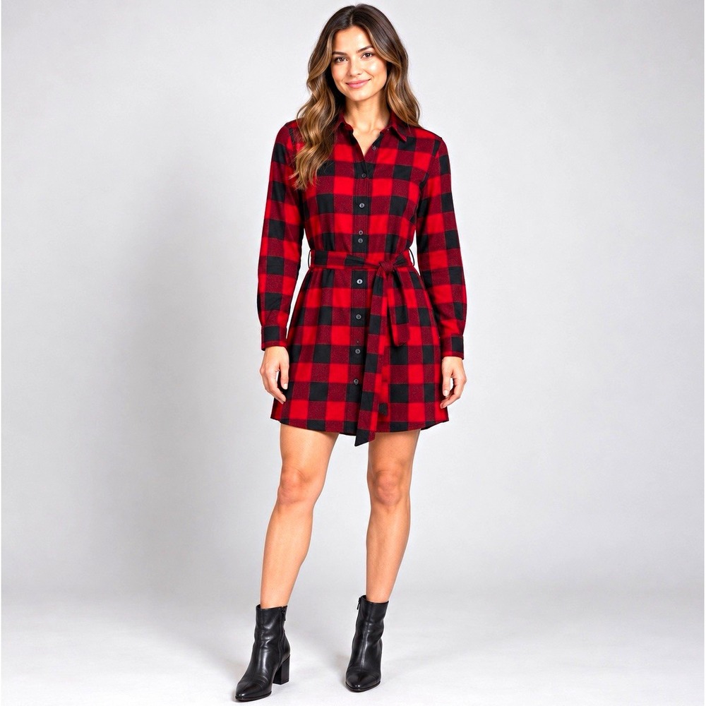 Abercrombie & Fitch Flannel Shirt Dress Women XS Plaid Long Sleeve Button Belted